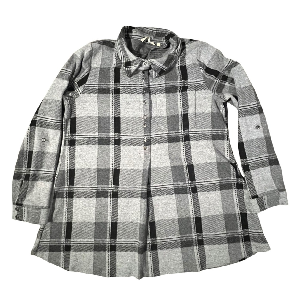 Soft Surroundings Plaid Tunic Womens Size M Grey Black Roll Tab Boho Shirt